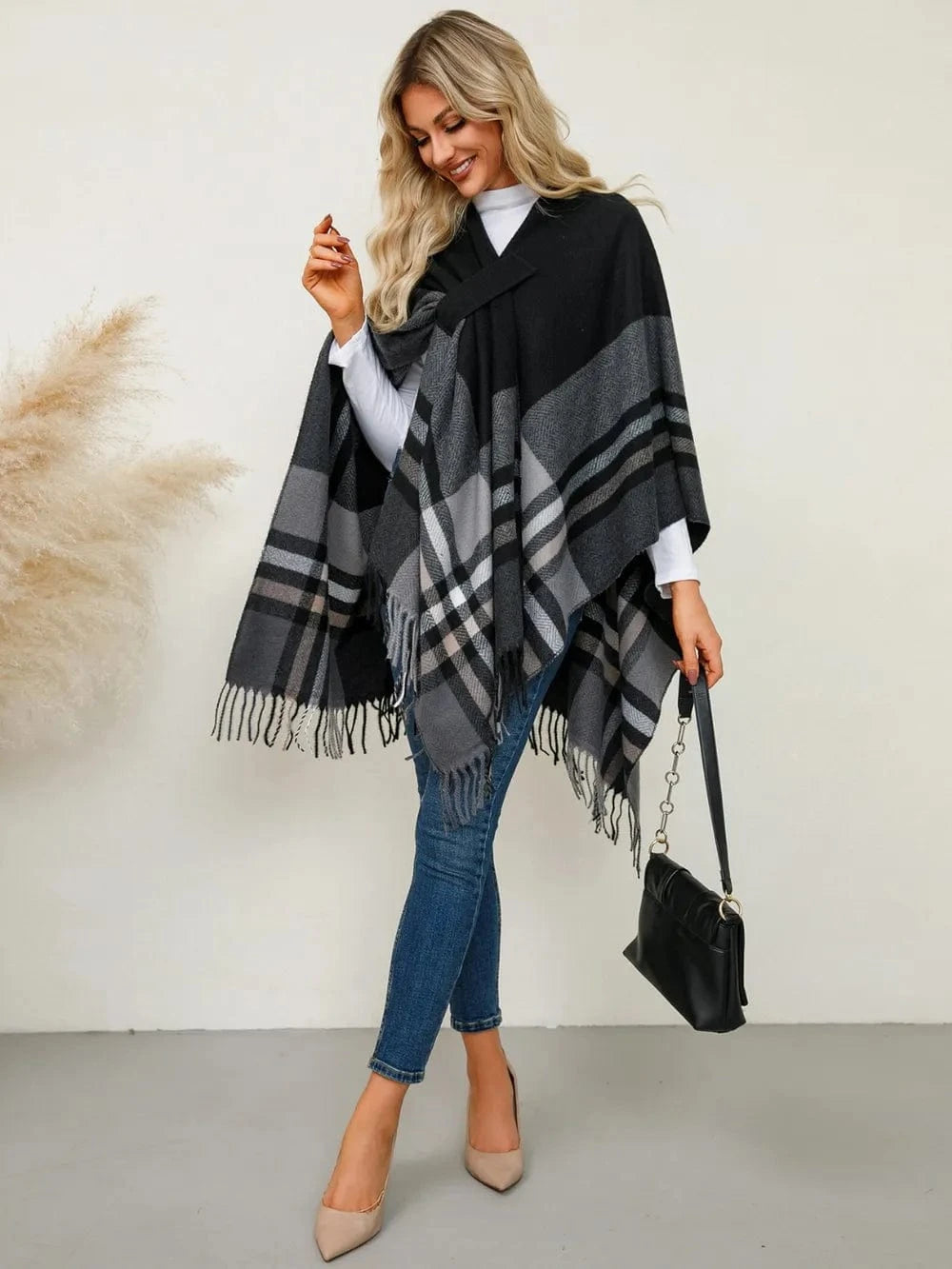 Women’s Fringe Contrast Plaid Poncho Shawl The Nichole Collection