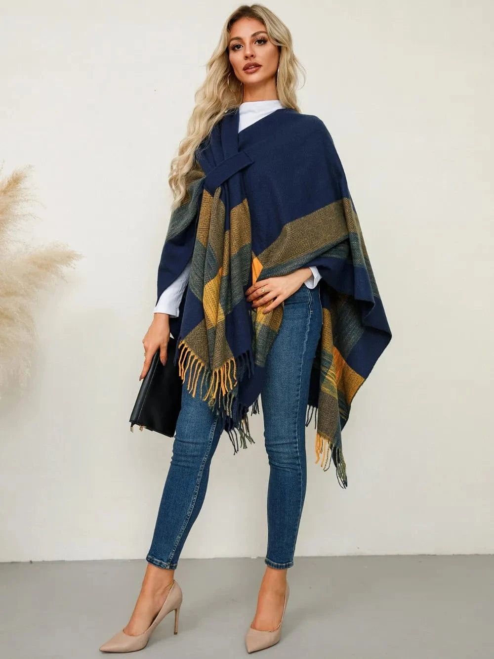 Women’s Fringe Contrast Plaid Poncho Shawl The Nichole Collection