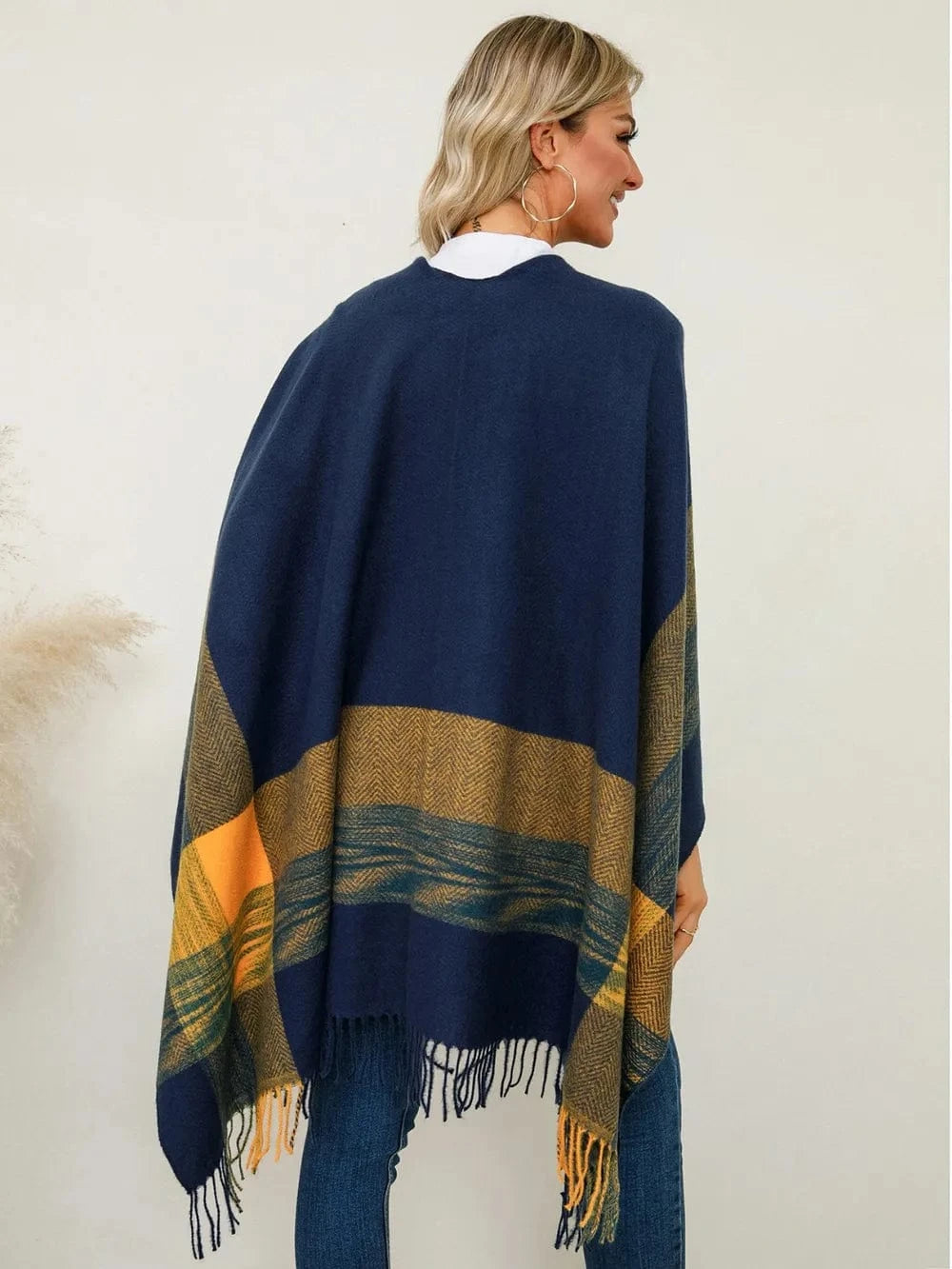 Women’s Fringe Contrast Plaid Poncho Shawl The Nichole Collection