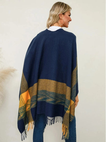 Women’s Fringe Contrast Plaid Poncho Shawl The Nichole Collection