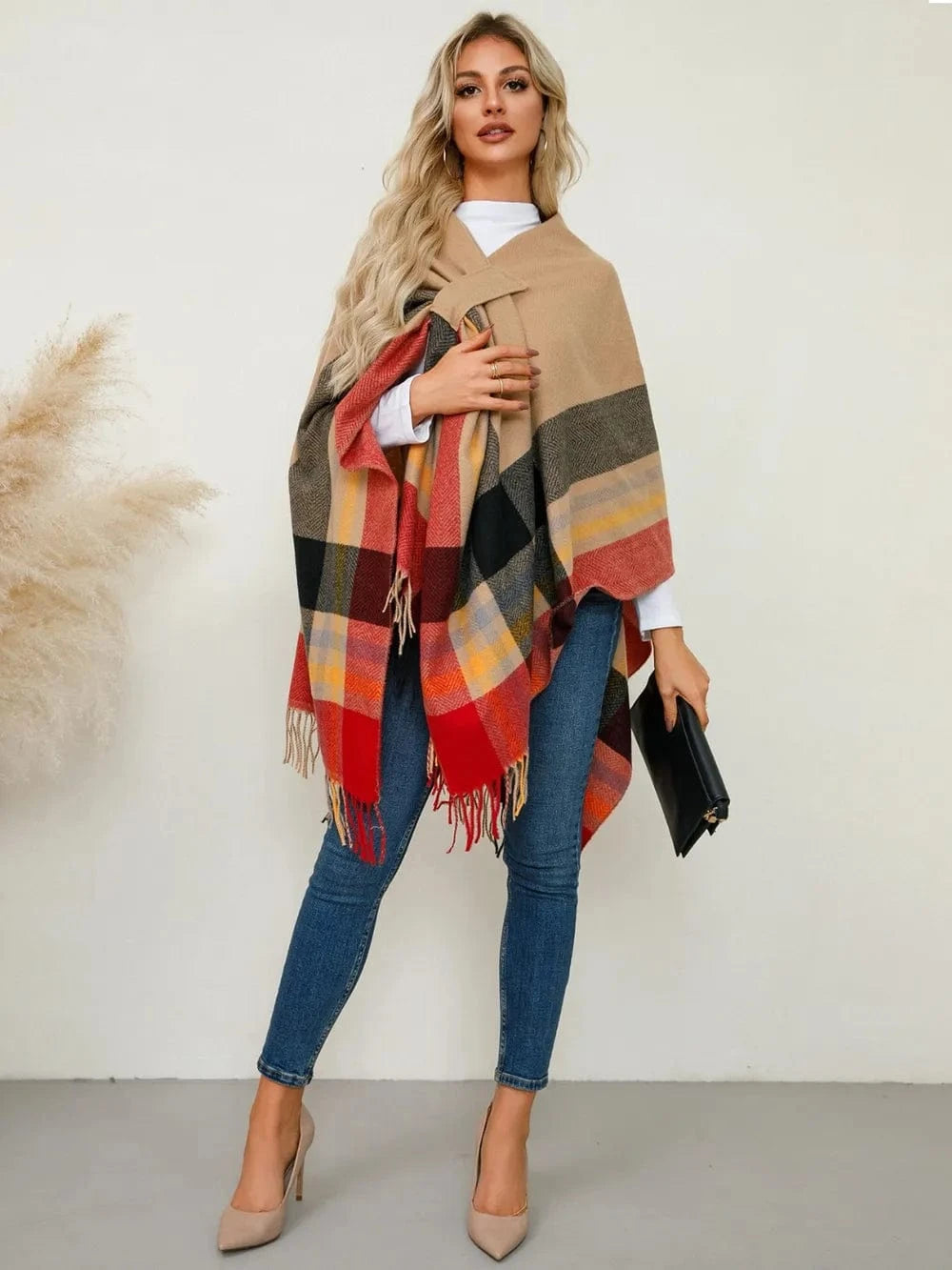 Women’s Fringe Contrast Plaid Poncho Shawl The Nichole Collection