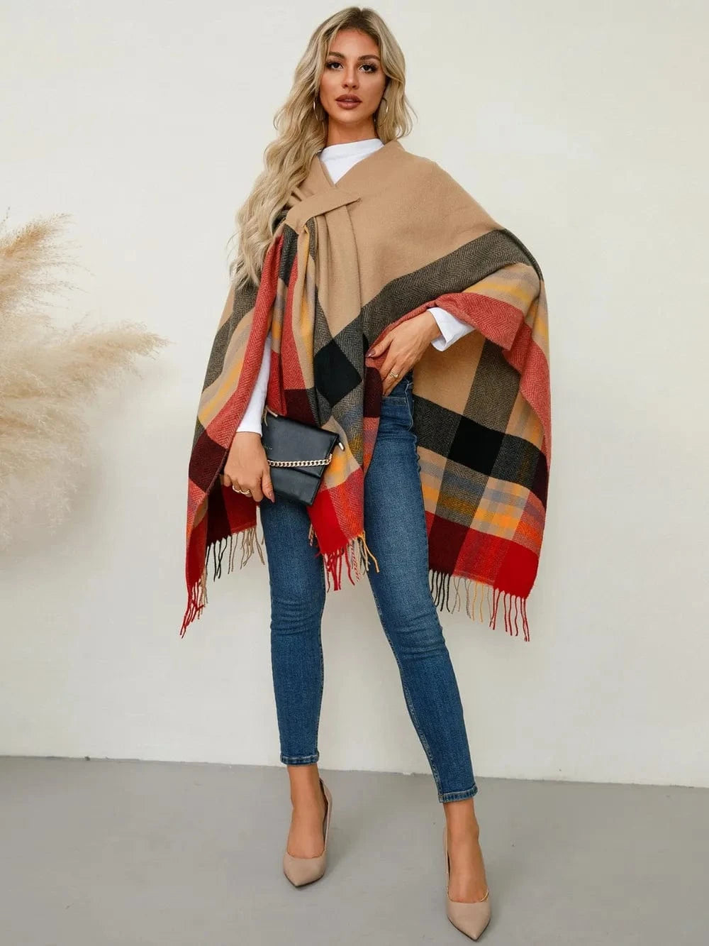 Women’s Fringe Contrast Plaid Poncho Shawl The Nichole Collection