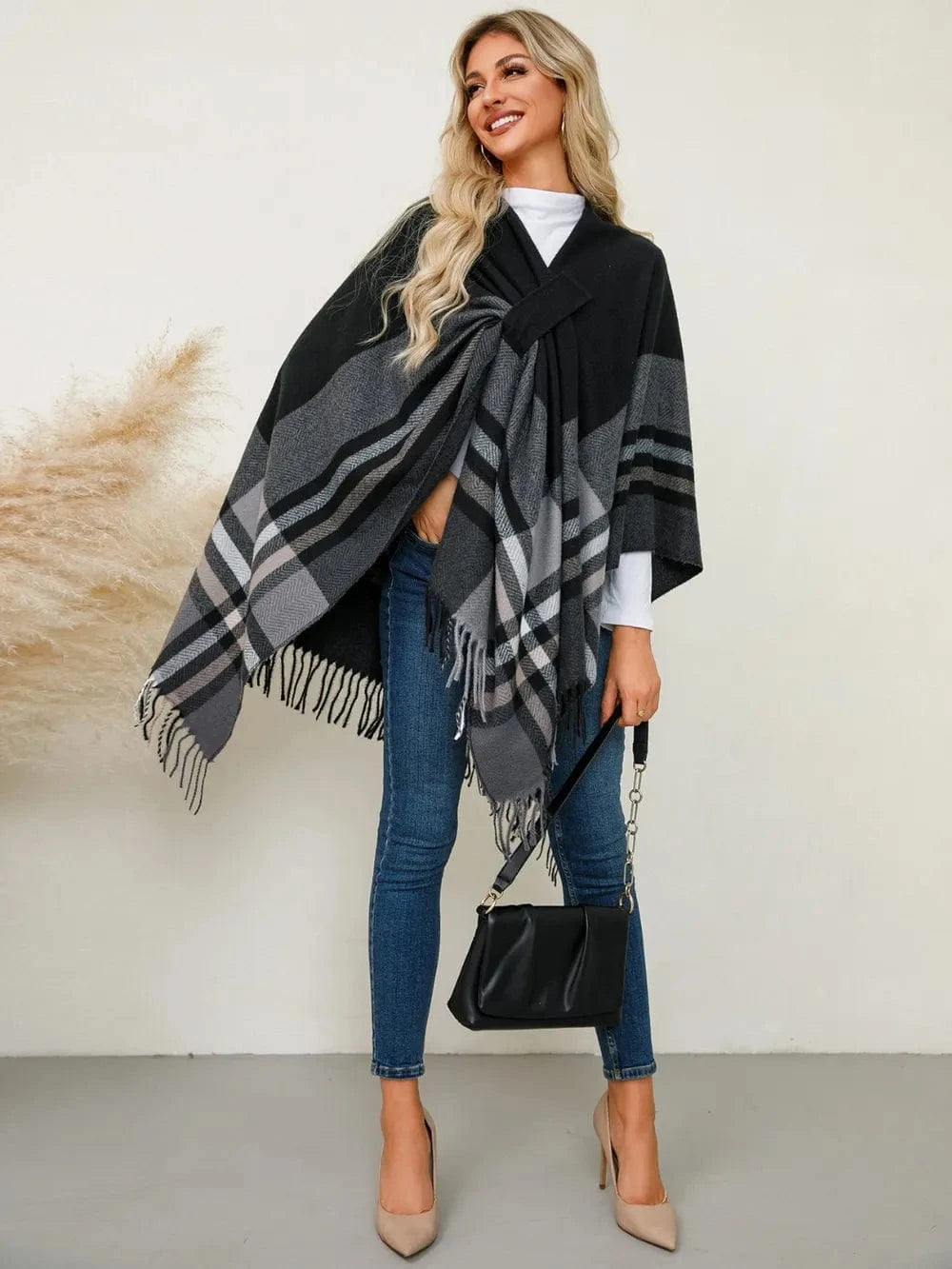 Women’s Fringe Contrast Plaid Poncho Shawl The Nichole Collection