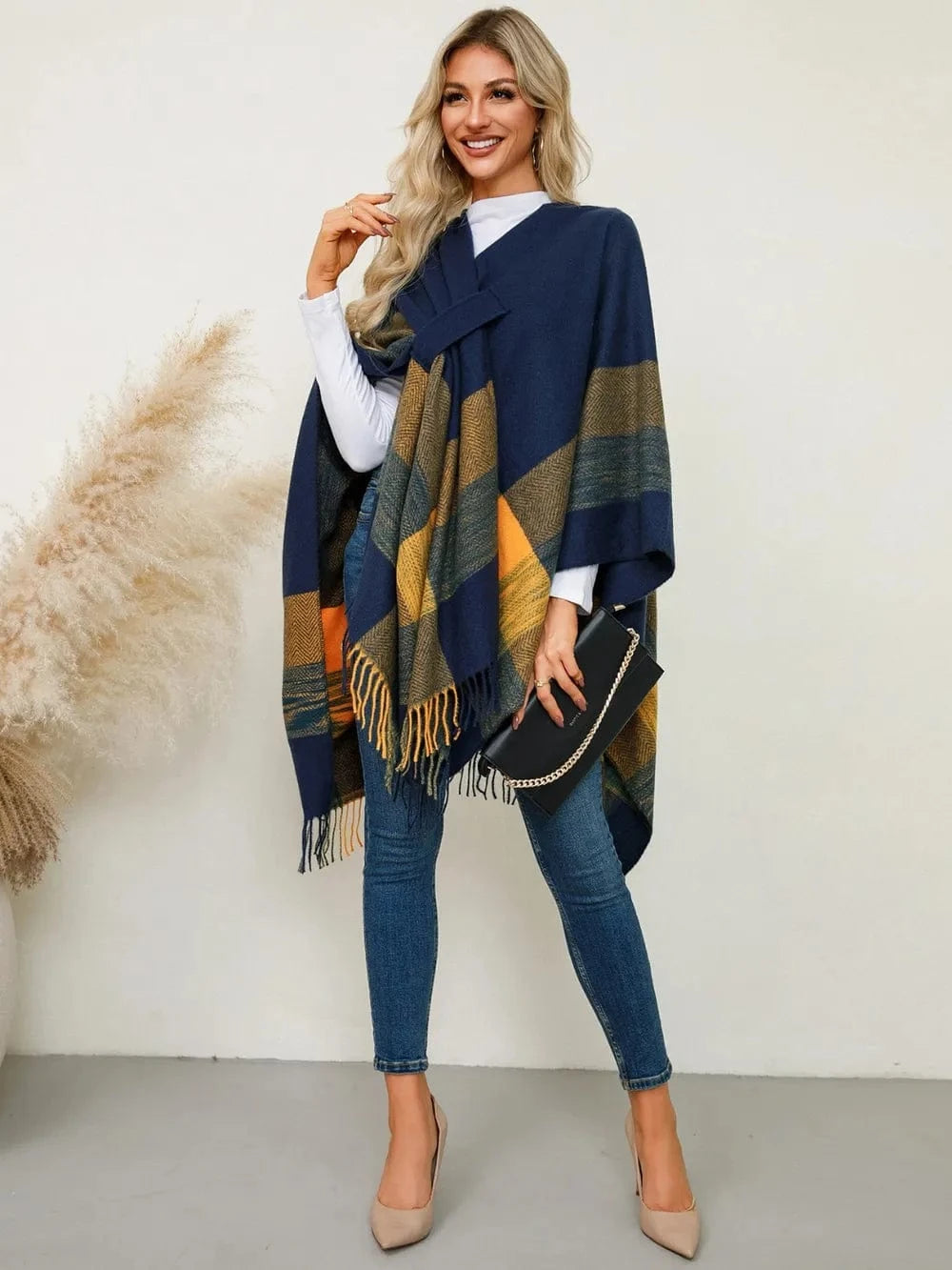 Women’s Fringe Contrast Plaid Poncho Shawl The Nichole Collection
