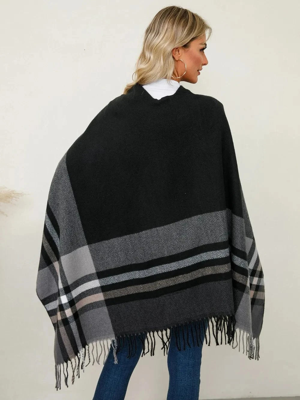 Women’s Fringe Contrast Plaid Poncho Shawl The Nichole Collection