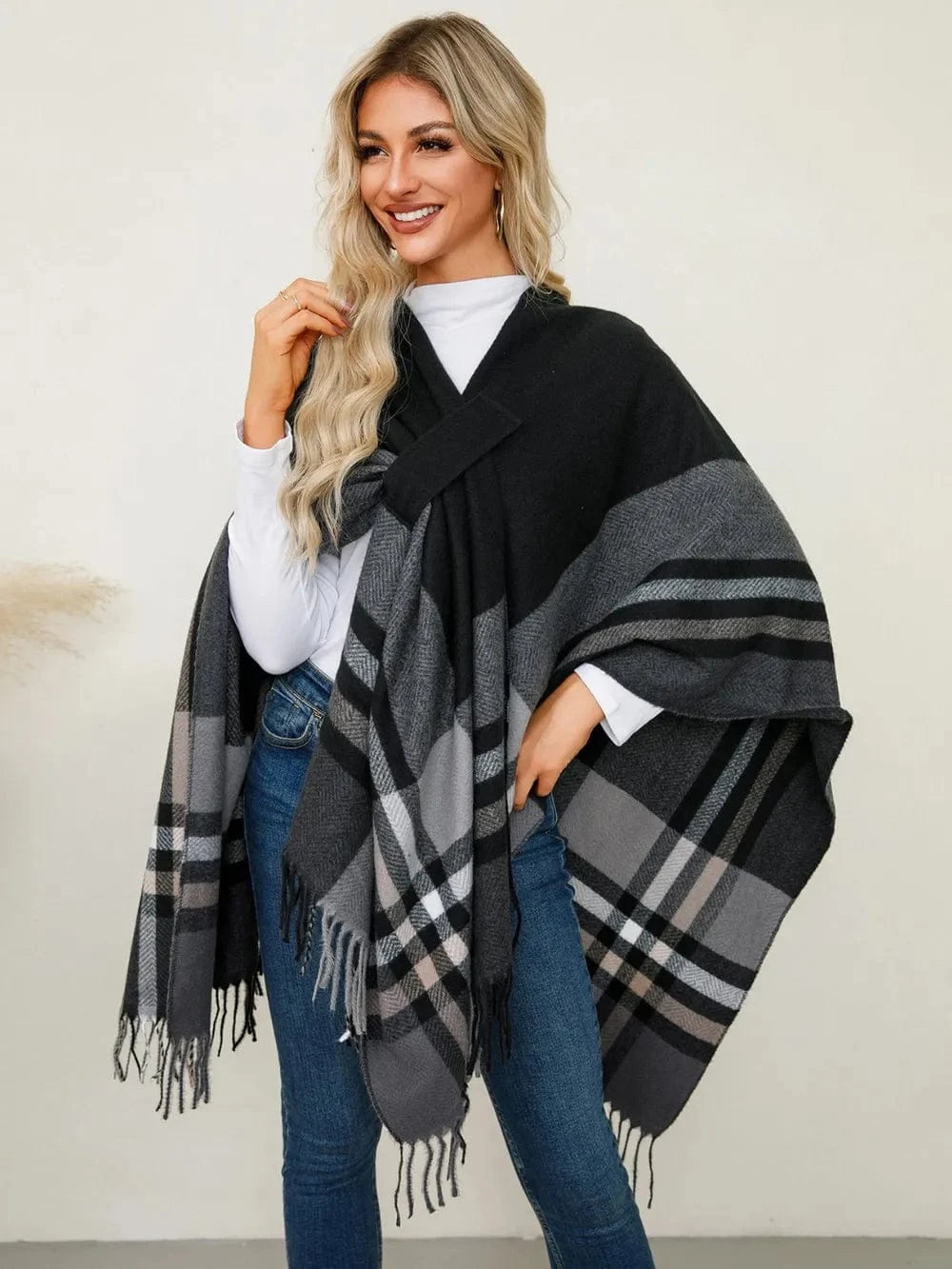 Women’s Fringe Contrast Plaid Poncho Shawl Black / One Size The Nichole Collection