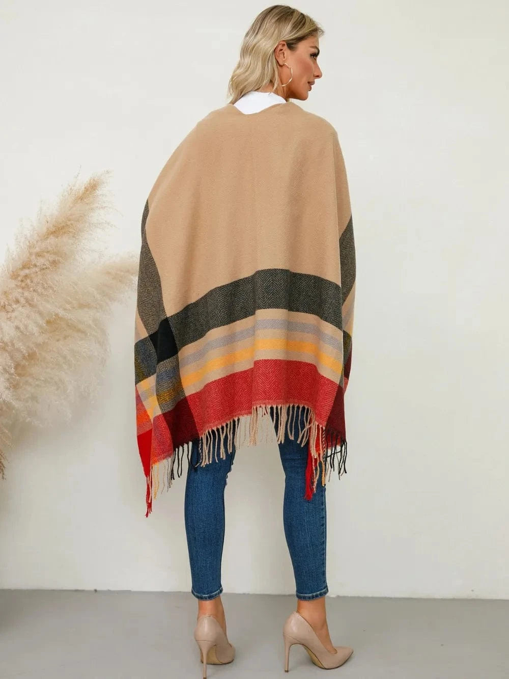 Women’s Fringe Contrast Plaid Poncho Shawl The Nichole Collection