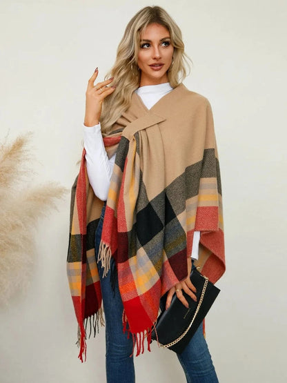 Women’s Fringe Contrast Plaid Poncho Shawl The Nichole Collection