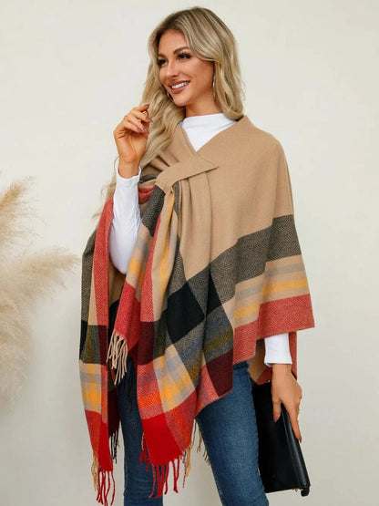 Women’s Fringe Contrast Plaid Poncho Shawl The Nichole Collection