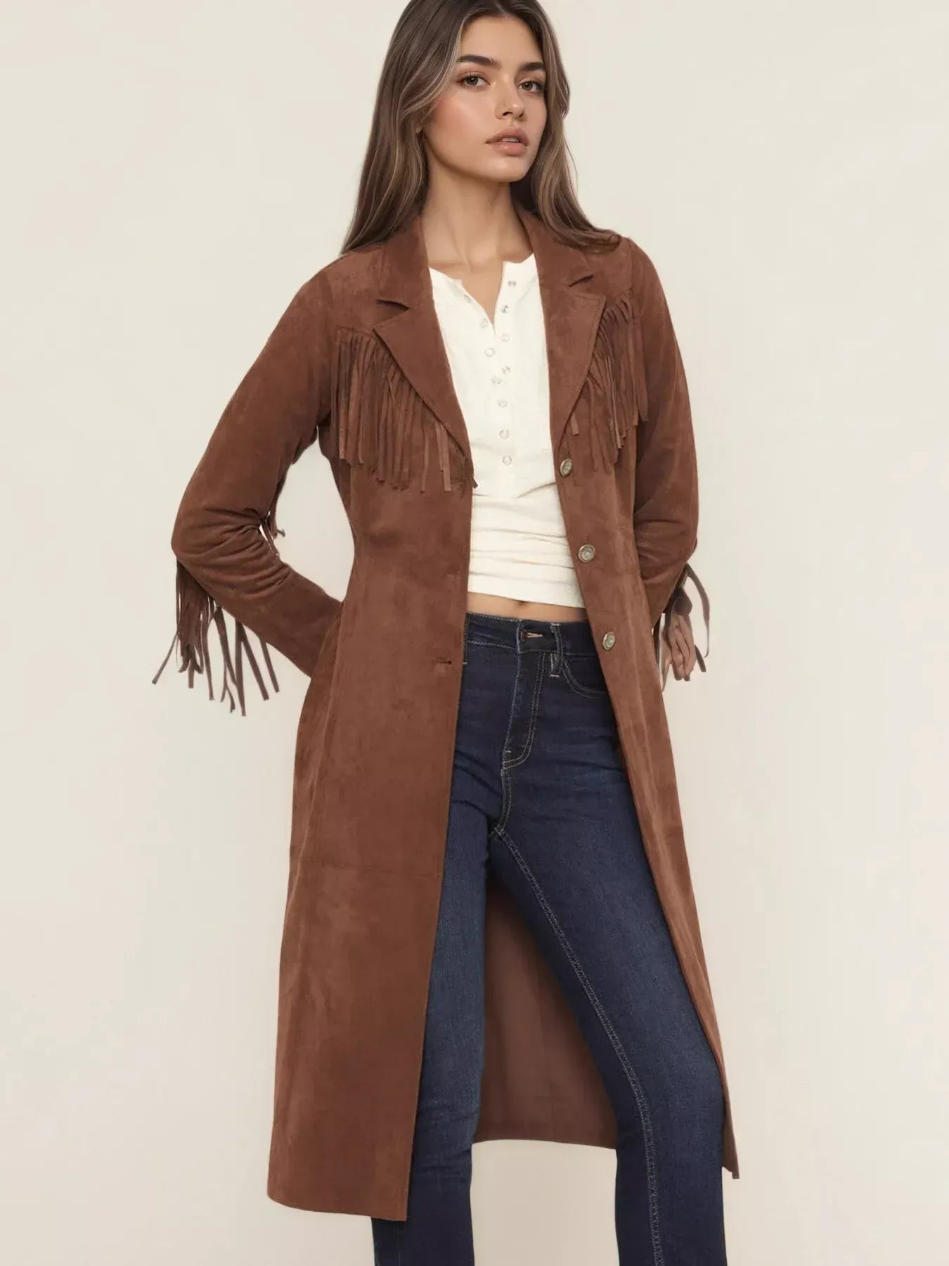 Women’s Fringe Lapel Collar Long Sleeve Coat – Suede Outerwear Brown / S The Nichole Collection