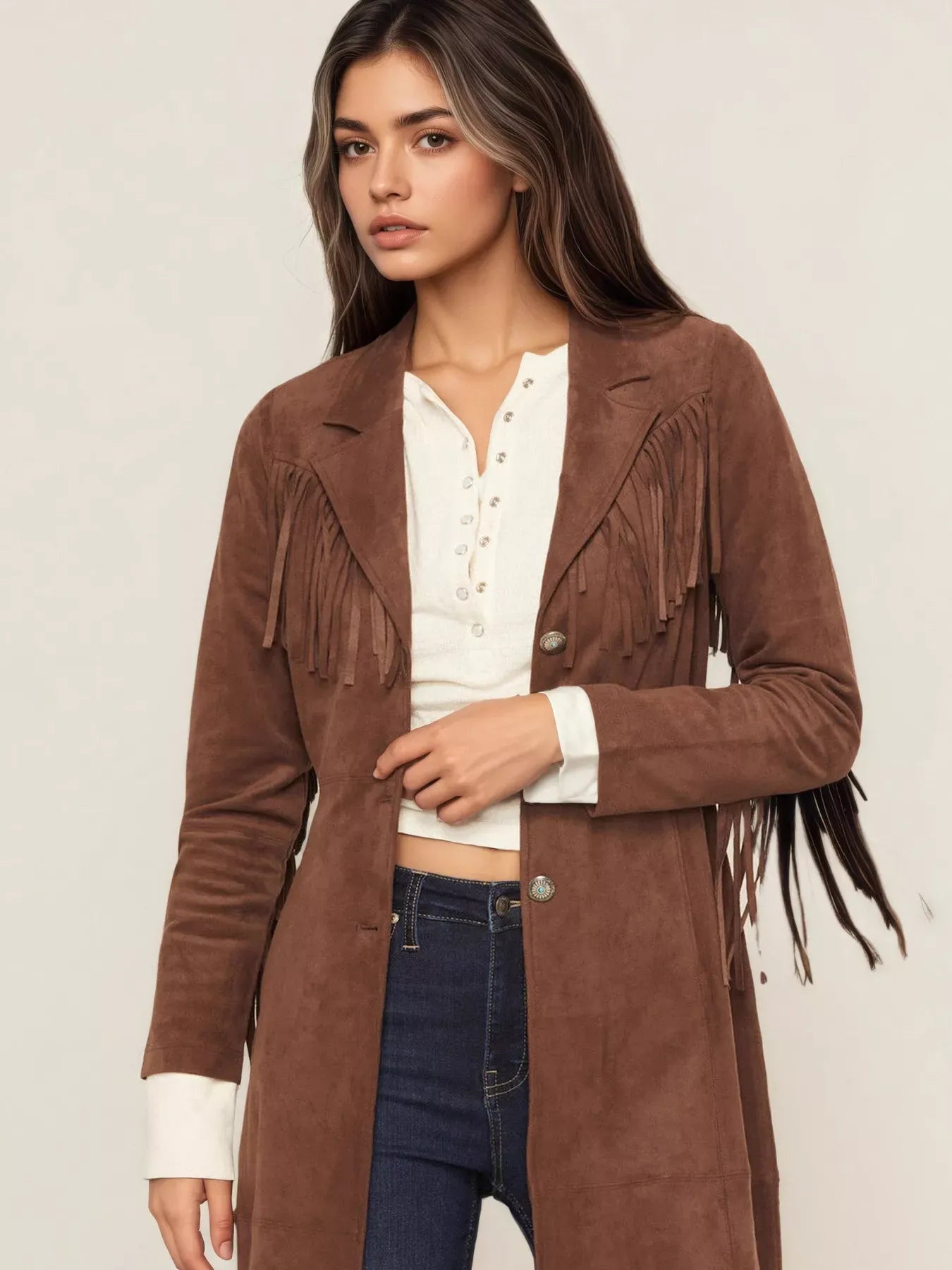 Women’s Fringe Lapel Collar Long Sleeve Coat – Suede Outerwear The Nichole Collection