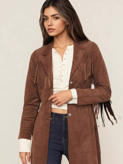 Women’s Fringe Lapel Collar Long Sleeve Coat – Suede Outerwear The Nichole Collection