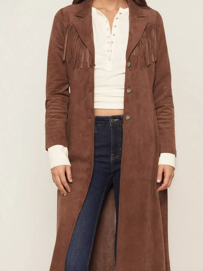Women’s Fringe Lapel Collar Long Sleeve Coat – Suede Outerwear The Nichole Collection