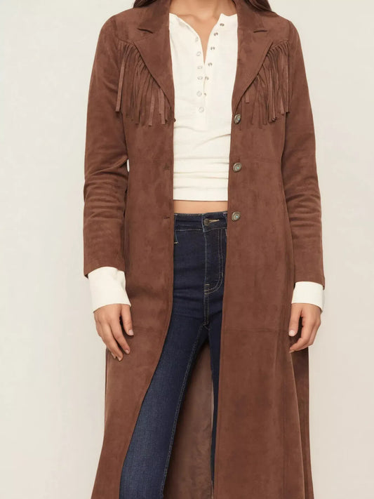 Women’s Fringe Lapel Collar Long Sleeve Coat – Suede Outerwear The Nichole Collection