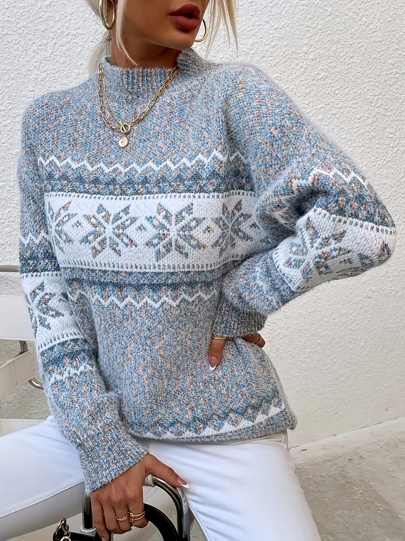Women’s Geometric Pattern Round Neck Sweater Sweaters The Nichole Collection