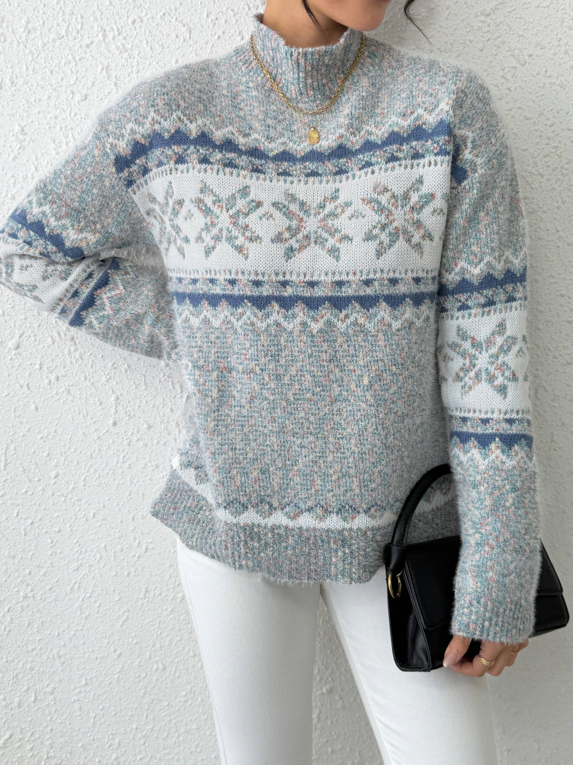 Women’s Geometric Pattern Round Neck Sweater Sweaters The Nichole Collection