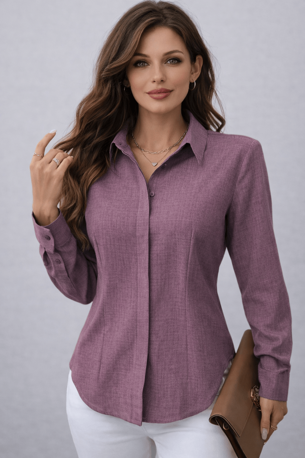 Women's H-Fit Form Fitting Single-Breasted Long Sleeve Shirt Shirts & Tops Purple / S The Nichole Collection