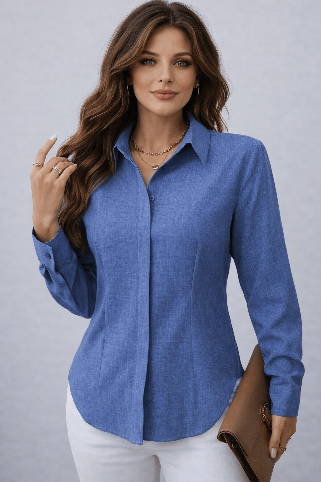 Women's H-Fit Form Fitting Single-Breasted Long Sleeve Shirt Shirts & Tops Sea Blue / L The Nichole Collection