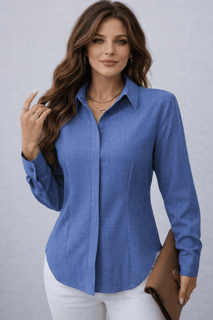 Women's H-Fit Form Fitting Single-Breasted Long Sleeve Shirt Shirts & Tops Sea Blue / L The Nichole Collection