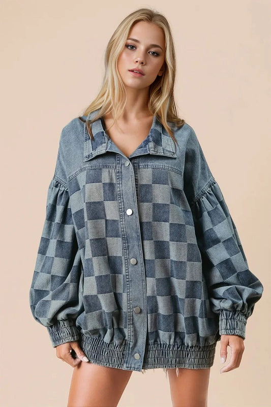 Women's Heavy Denim Checkered Button Up Jacket Medium / S The Nichole Collection