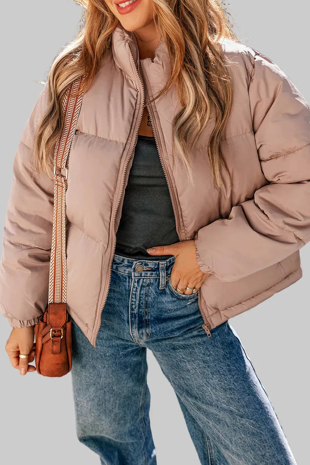 Women’s High Collar Zip-Up Long Sleeve Puff Winter Coat – Sleek Outerwear Coats Dust Storm / S The Nichole Collection