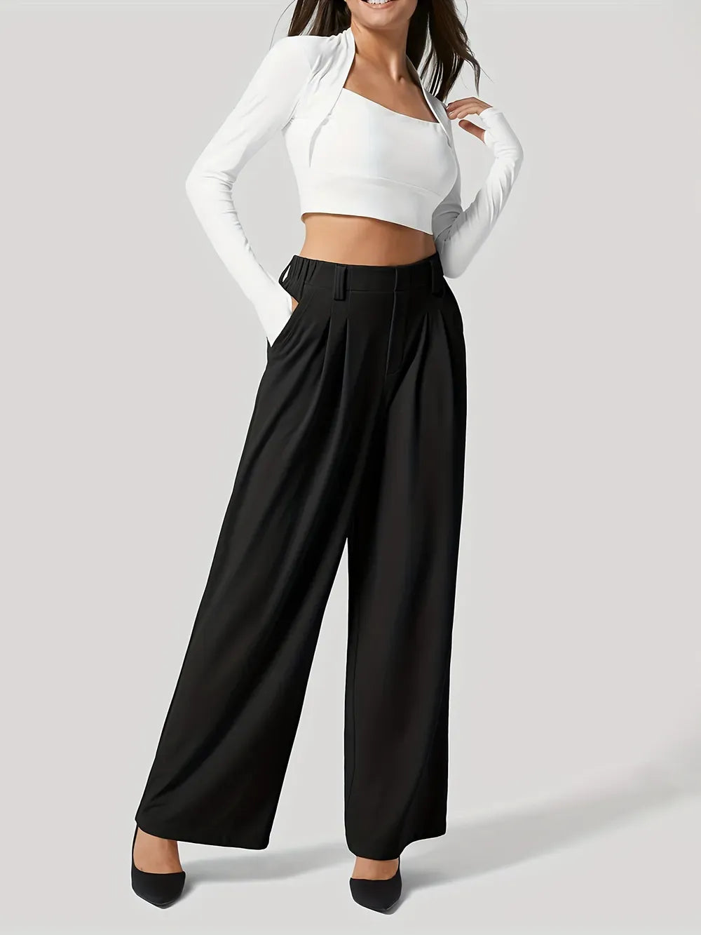 Women’s High-Waist Wide-Leg Pants with Pockets – Effortless Modern Elegance Dress Pants Black / XS The Nichole Collection