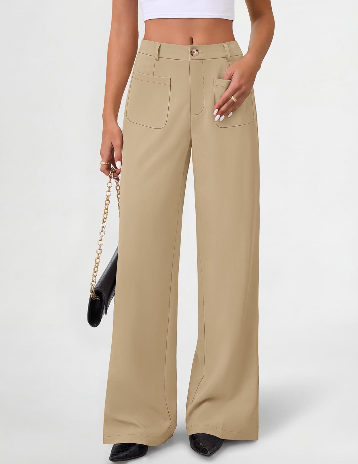 Women's High Waisted Business Casual Palazzo Pants With Pockets Small / Khaki The Nichole Collection