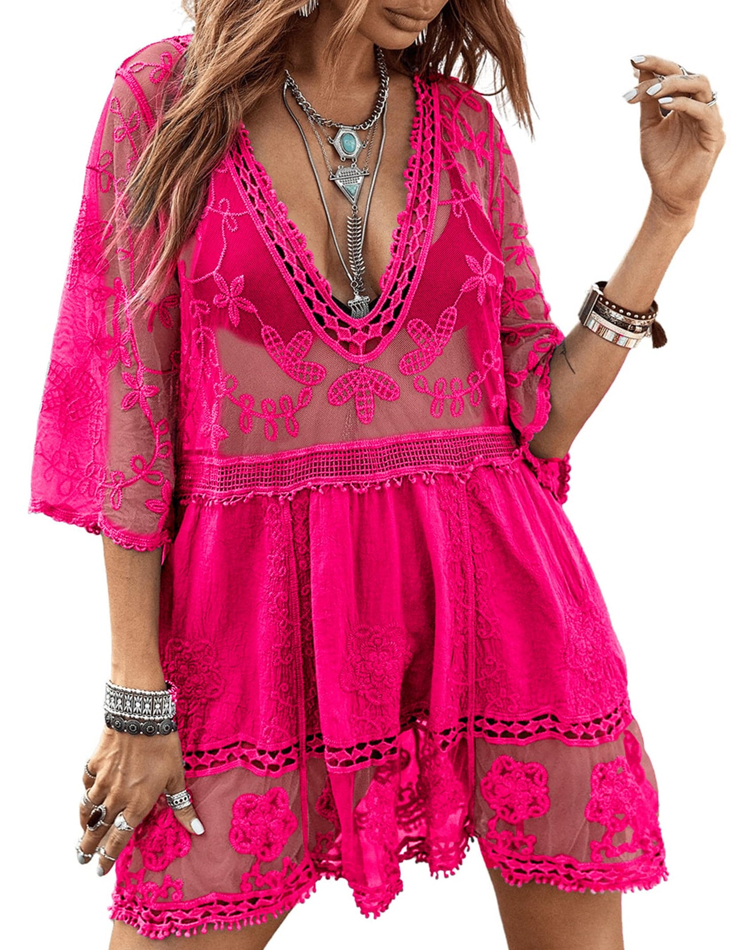 Women's Lace Bathing Suit Cover Up V-Neck One Size / Hot Pink The Nichole Collection