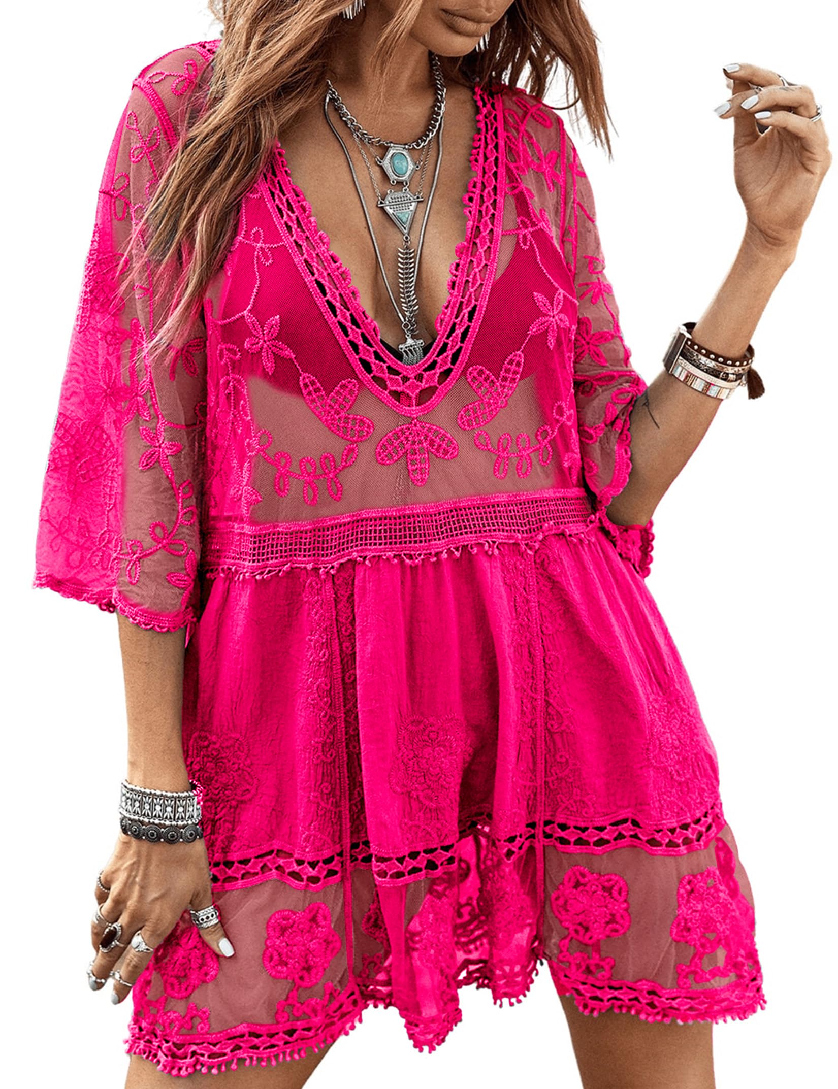 Women's Lace Bathing Suit Cover Up V-Neck One Size / Hot Pink The Nichole Collection