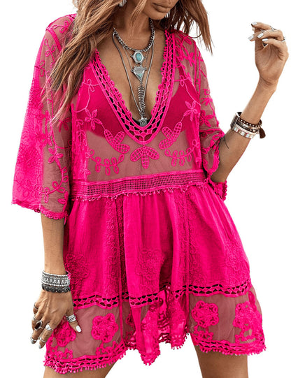 Women's Lace Bathing Suit Cover Up V-Neck One Size / Hot Pink The Nichole Collection