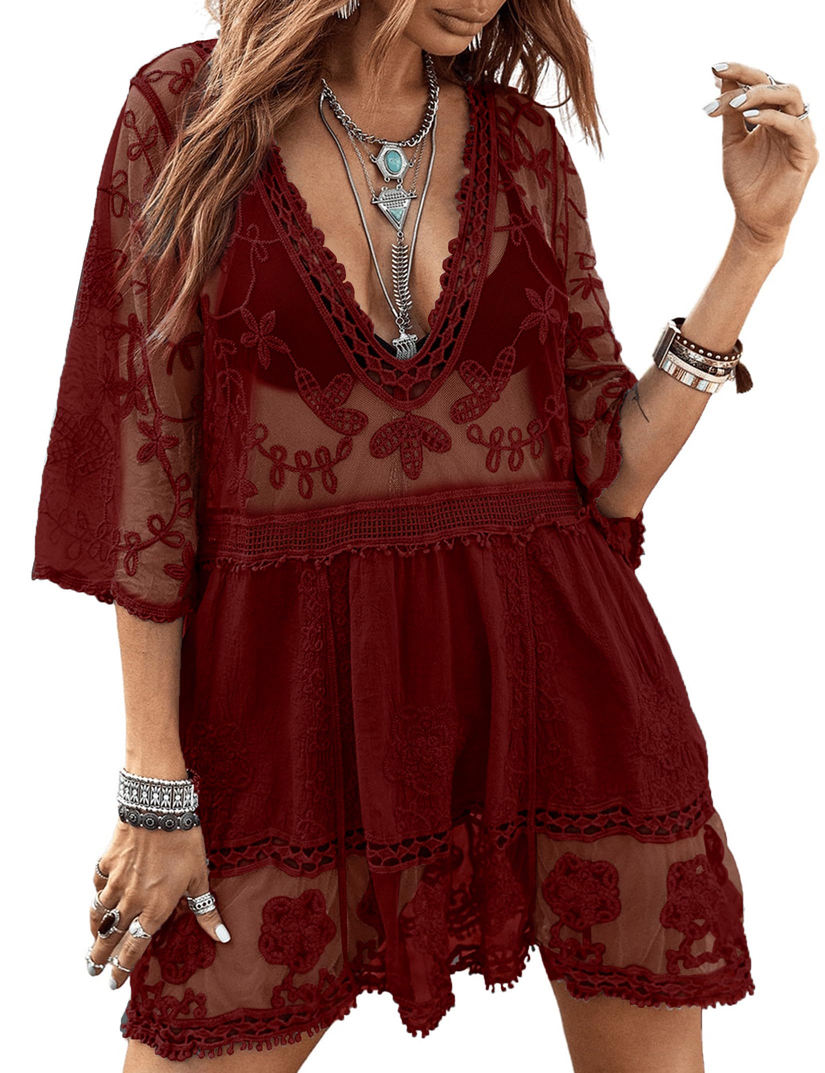 Women's Lace Bathing Suit Cover Up V-Neck One Size / Wine Red The Nichole Collection
