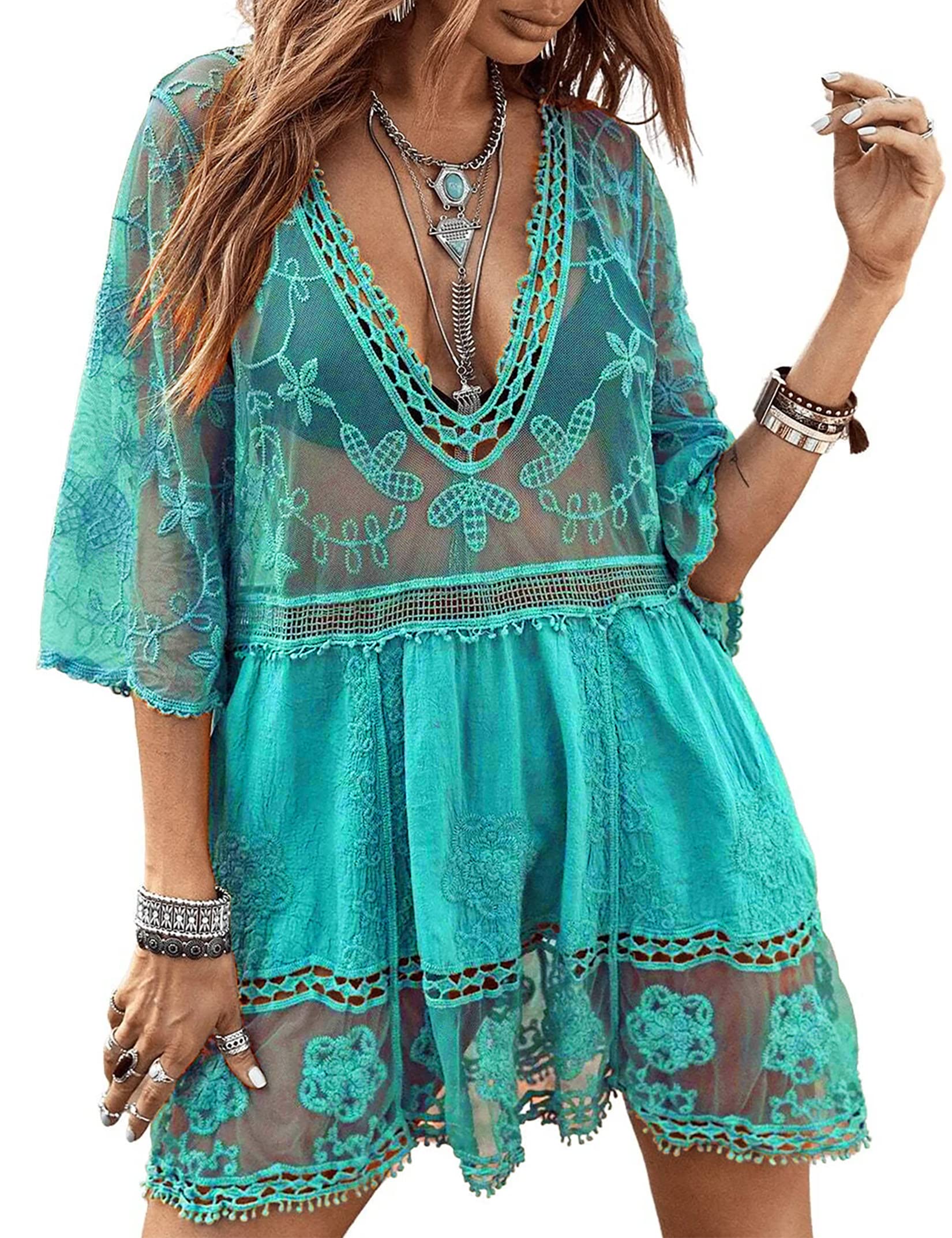 Women's Lace Bathing Suit Cover Up V-Neck One Size / Light Blue The Nichole Collection