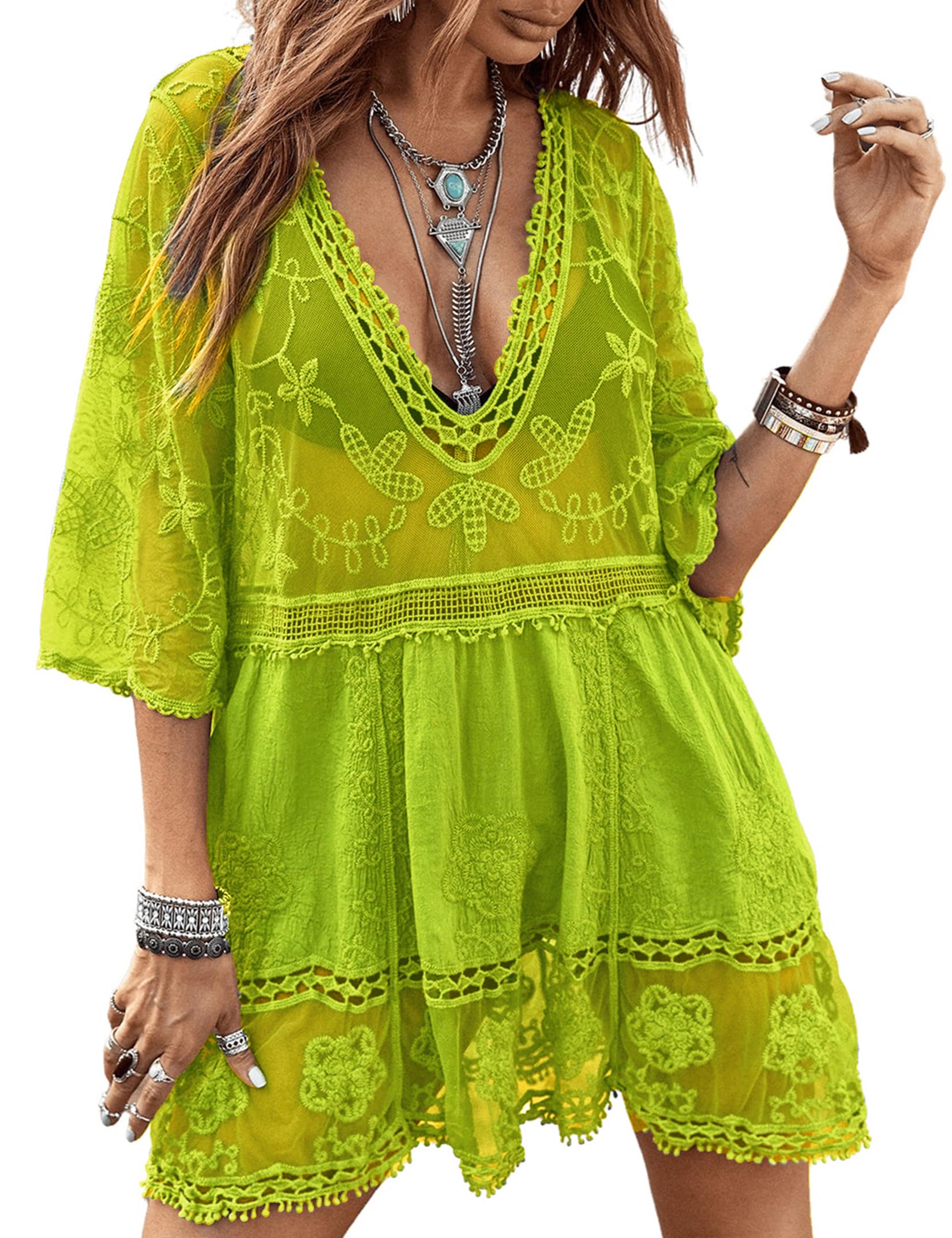 Women's Lace Bathing Suit Cover Up V-Neck One Size / Fluorescent Green The Nichole Collection