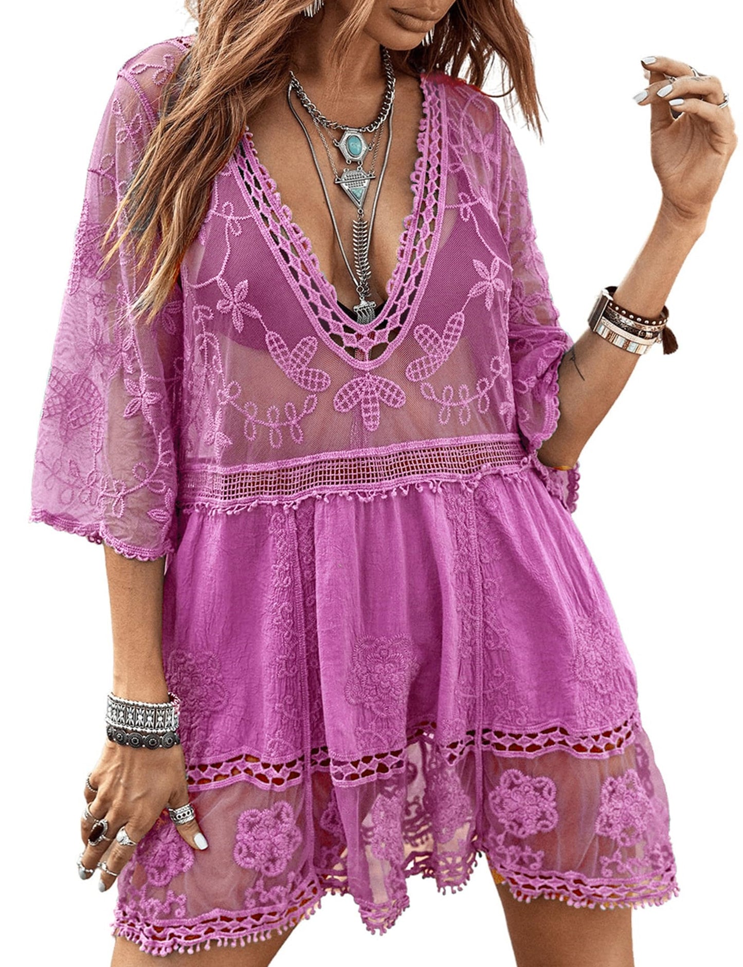 Women's Lace Bathing Suit Cover Up V-Neck One Size / Light Purple The Nichole Collection