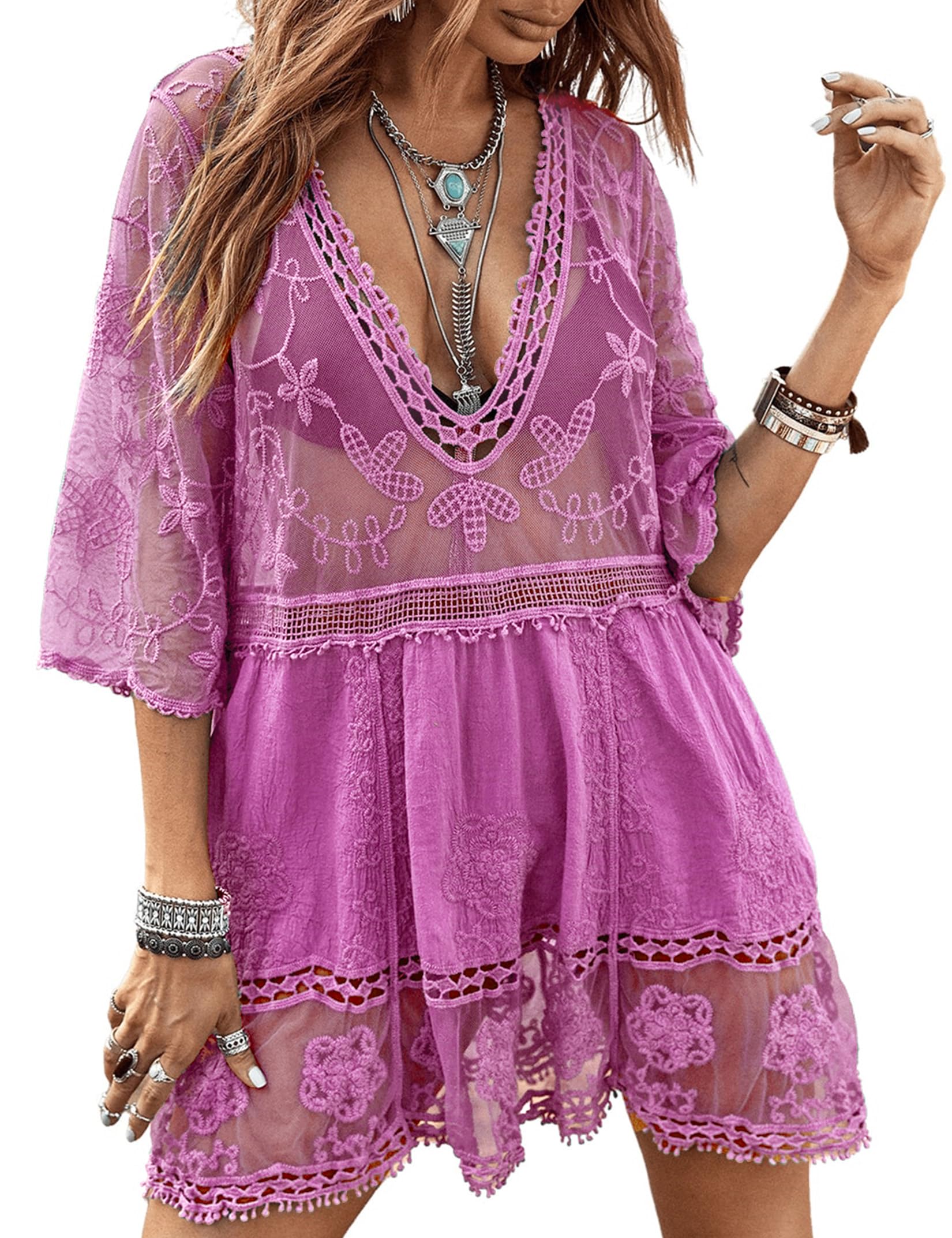 Women's Lace Bathing Suit Cover Up V-Neck One Size / Light Purple The Nichole Collection