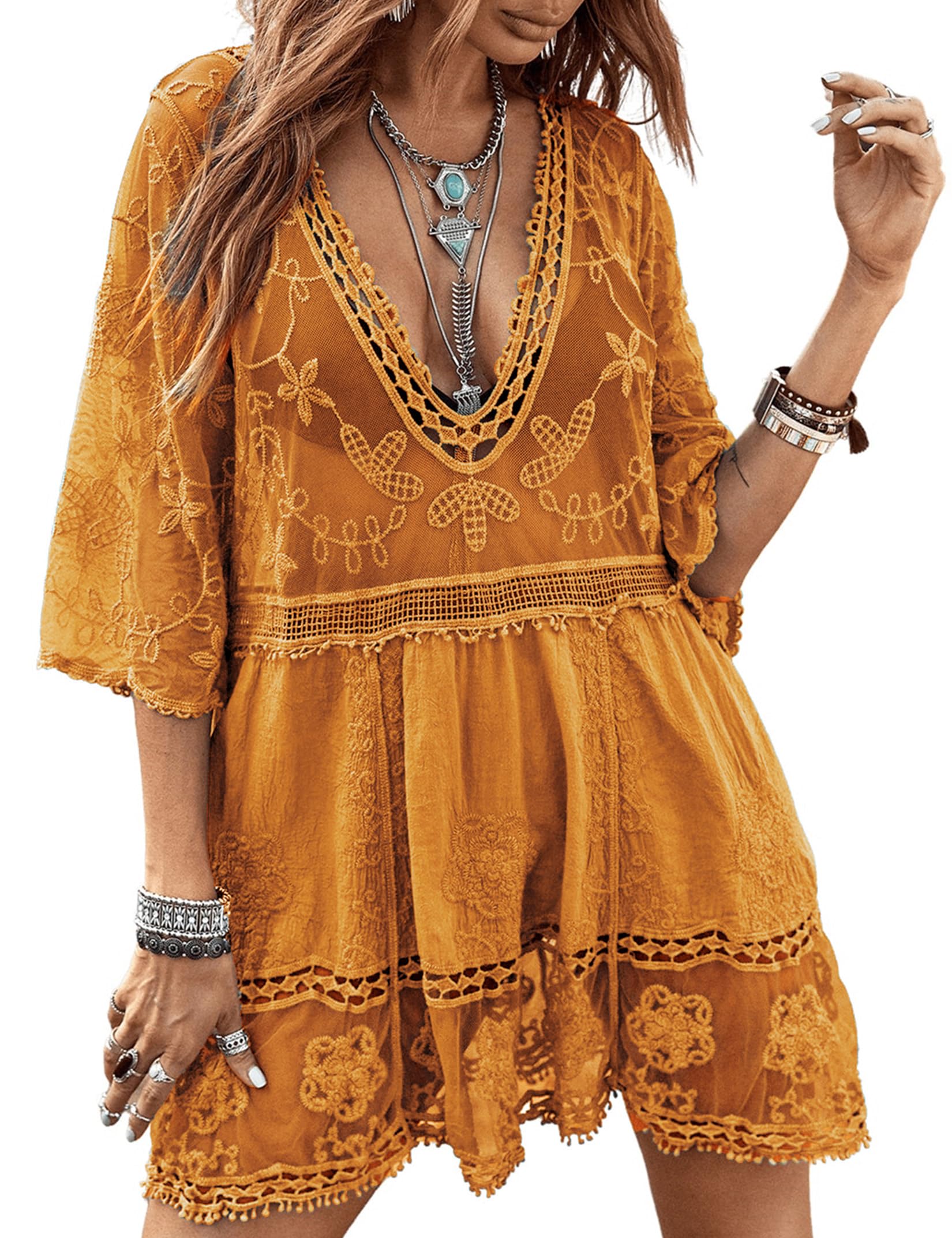 Women's Lace Bathing Suit Cover Up V-Neck One Size / Brown The Nichole Collection