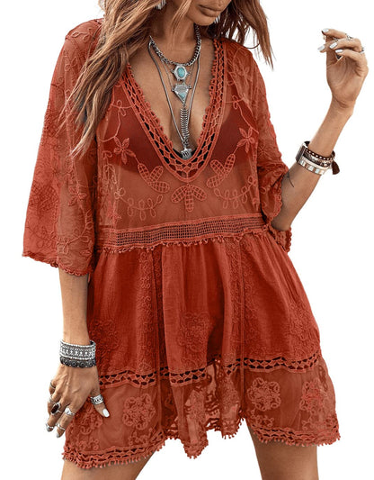 Women's Lace Bathing Suit Cover Up V-Neck One Size / Red The Nichole Collection