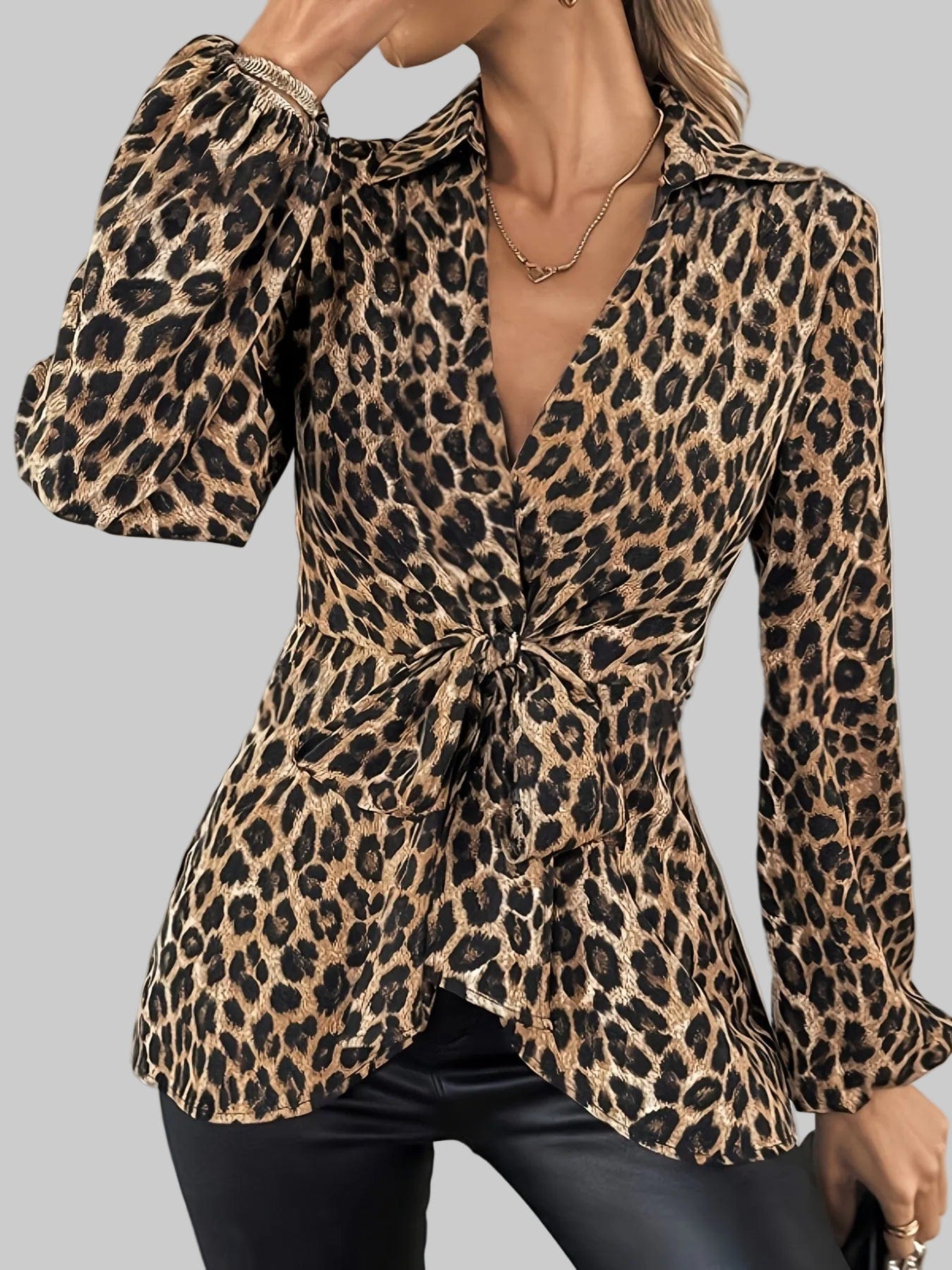 Women's Leopard Print V-Neck Blouse with Lantern Sleeves & Lace-Up Detail Blouses The Nichole Collection