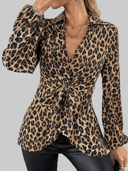 Women's Leopard Print V-Neck Blouse with Lantern Sleeves & Lace-Up Detail Blouses The Nichole Collection
