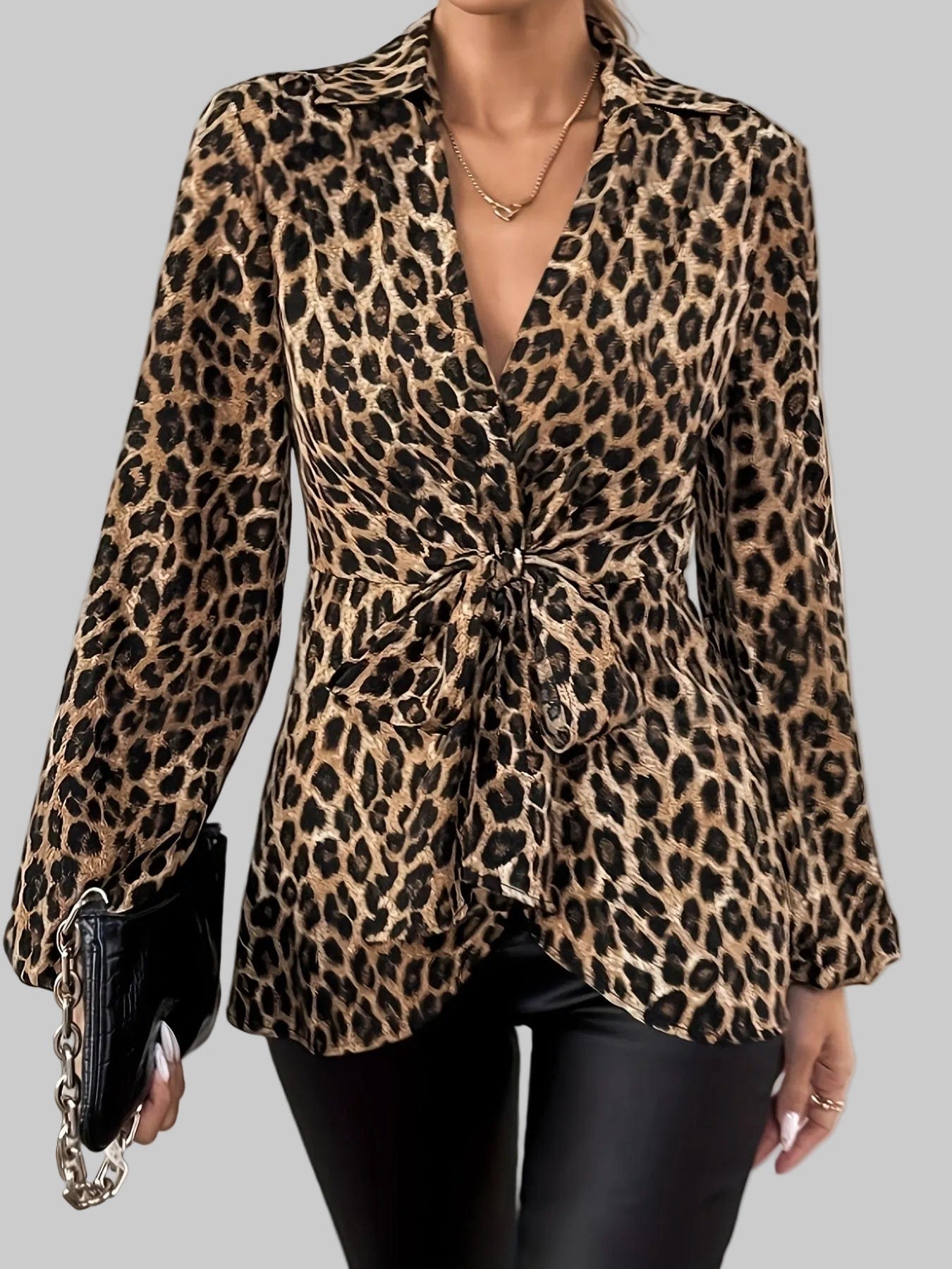 Women's Leopard Print V-Neck Blouse with Lantern Sleeves & Lace-Up Detail Blouses The Nichole Collection