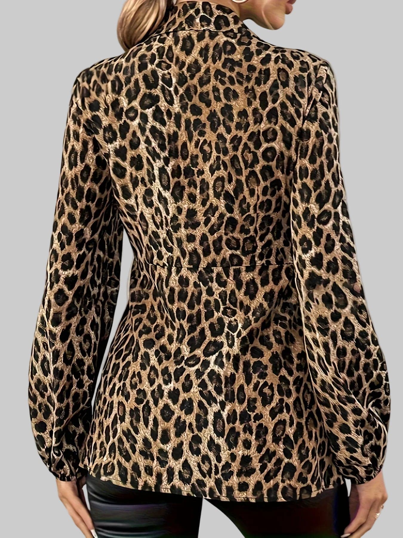 Women's Leopard Print V-Neck Blouse with Lantern Sleeves & Lace-Up Detail Blouses The Nichole Collection
