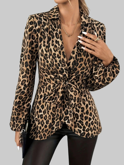 Women's Leopard Print V-Neck Blouse with Lantern Sleeves & Lace-Up Detail Blouses The Nichole Collection