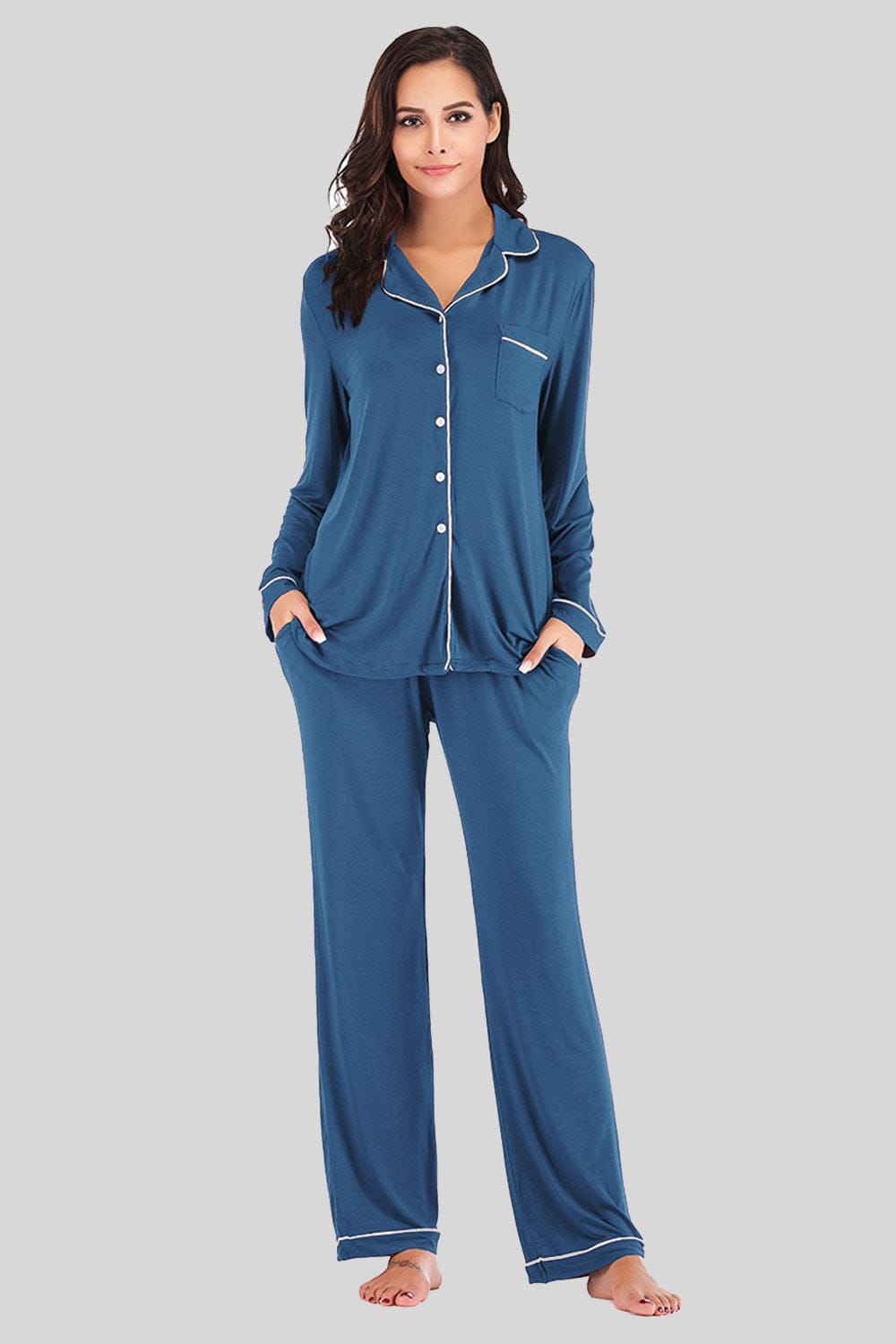 Women’s Lightweight Collared Neck Long Sleeve Loungewear Set with Pockets Peacock  Blue / S The Nichole Collection