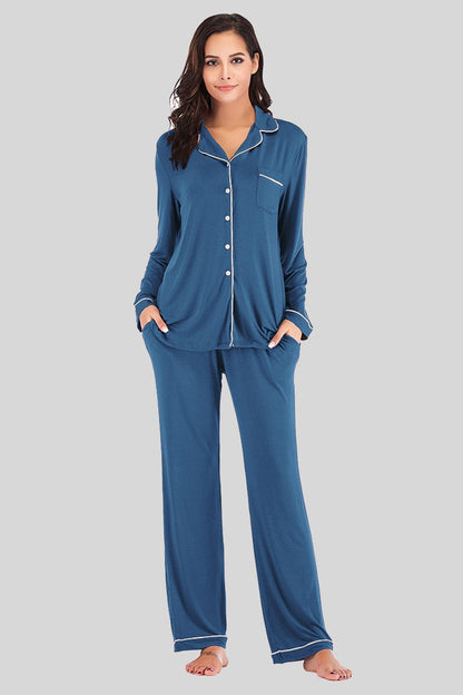 Women’s Lightweight Collared Neck Long Sleeve Loungewear Set with Pockets Peacock  Blue / S The Nichole Collection