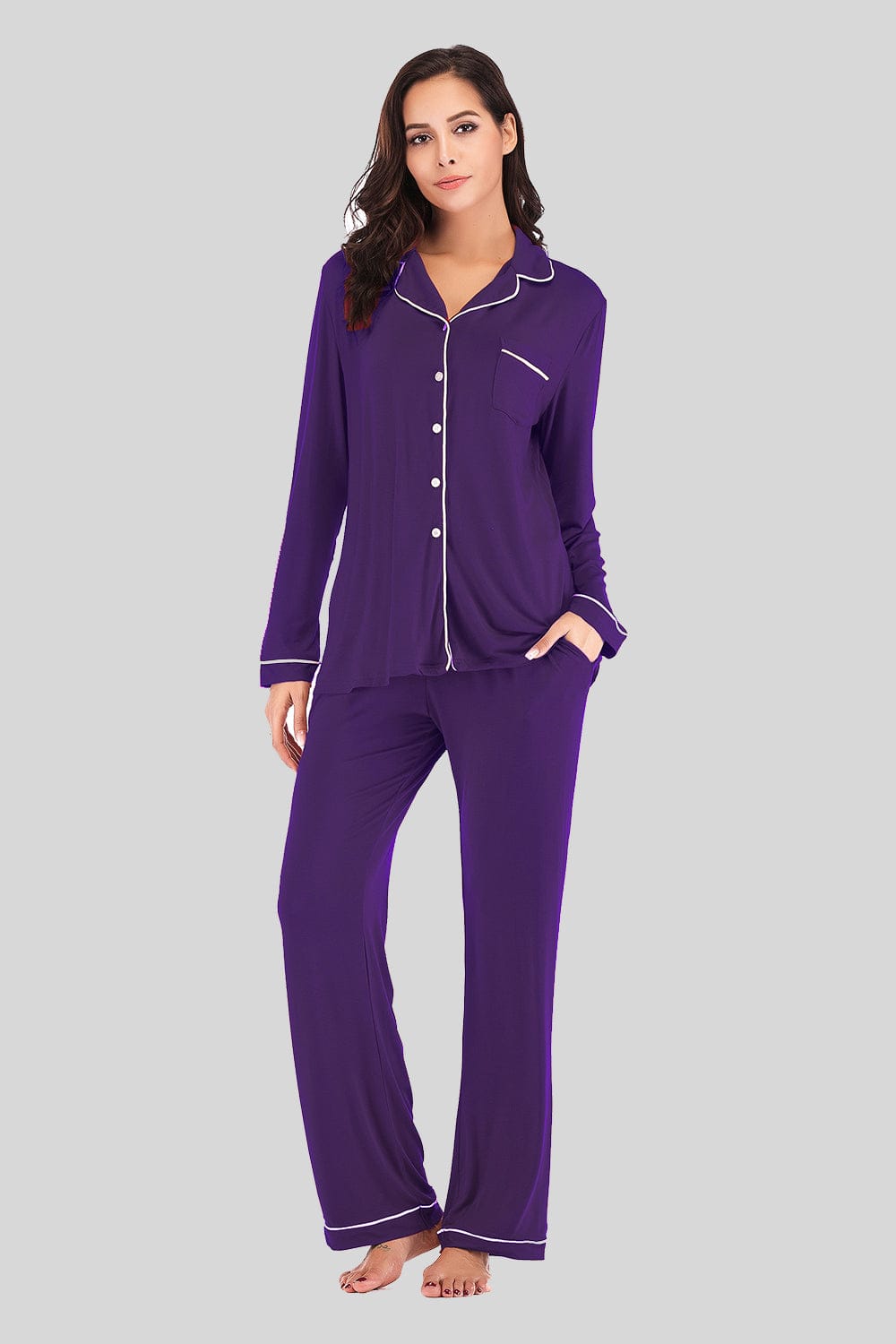 Women’s Lightweight Collared Neck Long Sleeve Loungewear Set with Pockets Violet / S The Nichole Collection