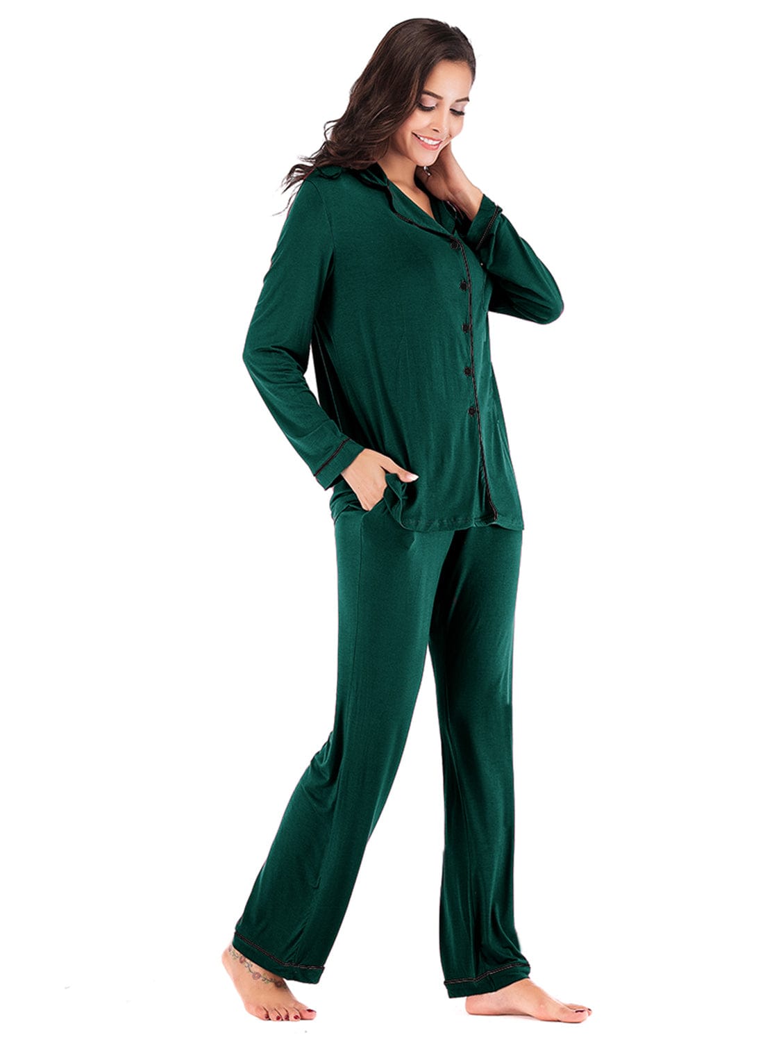 Women’s Lightweight Collared Neck Long Sleeve Loungewear Set with Pockets The Nichole Collection