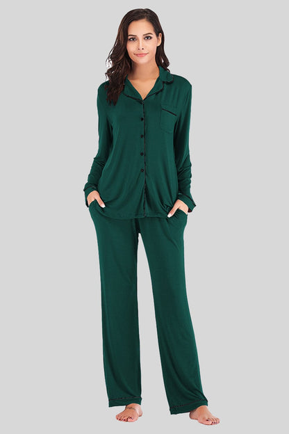 Women’s Lightweight Collared Neck Long Sleeve Loungewear Set with Pockets Green / S The Nichole Collection
