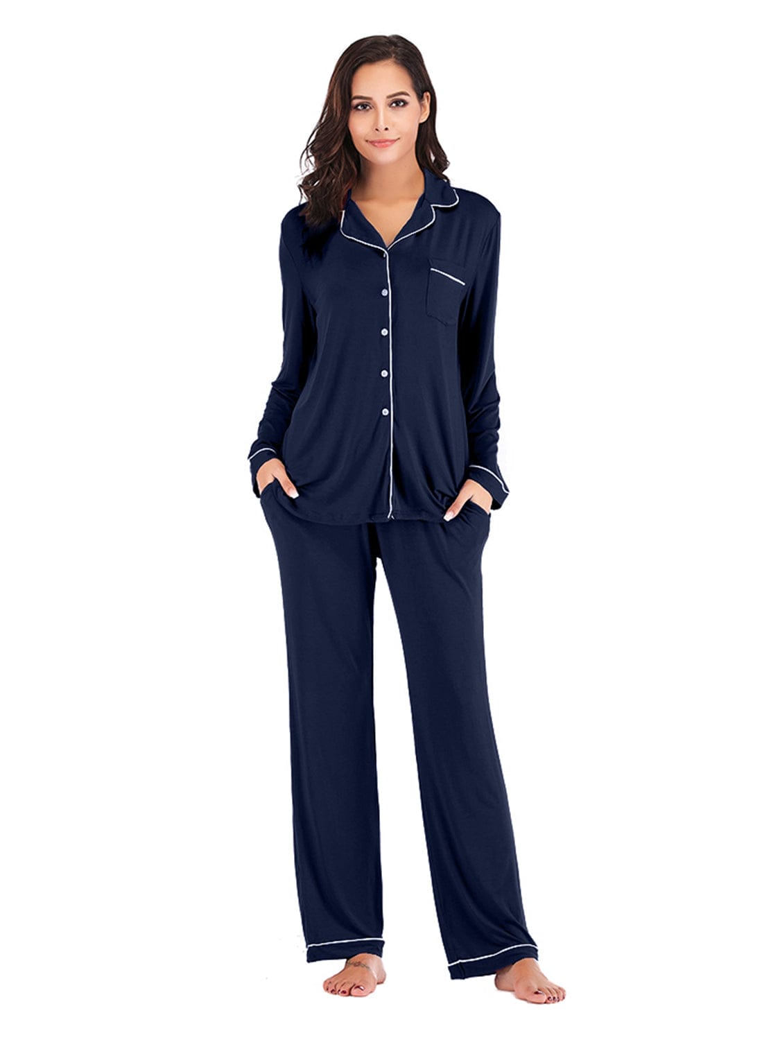 Women’s Lightweight Collared Neck Long Sleeve Loungewear Set with Pockets The Nichole Collection