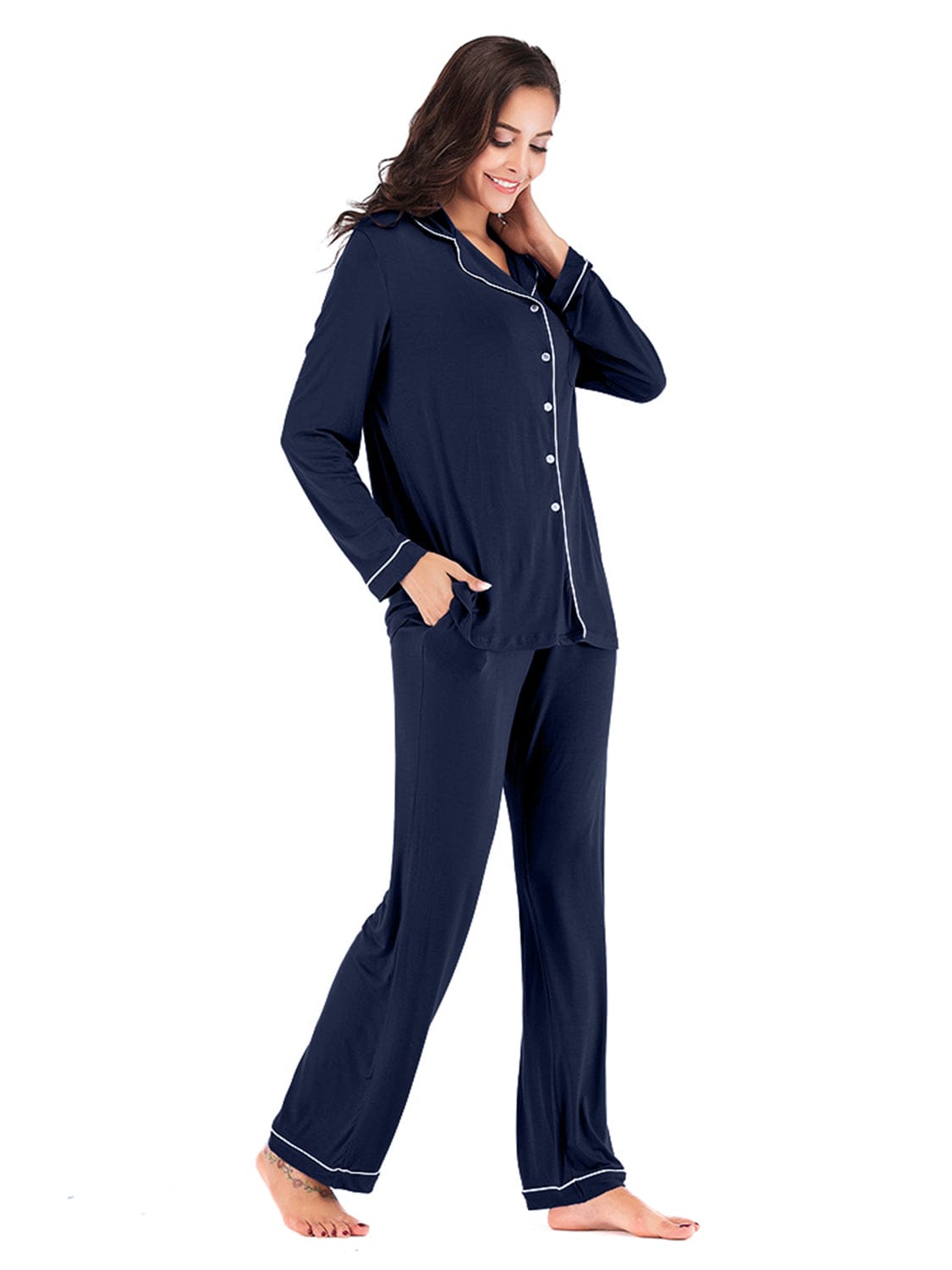 Women’s Lightweight Collared Neck Long Sleeve Loungewear Set with Pockets The Nichole Collection