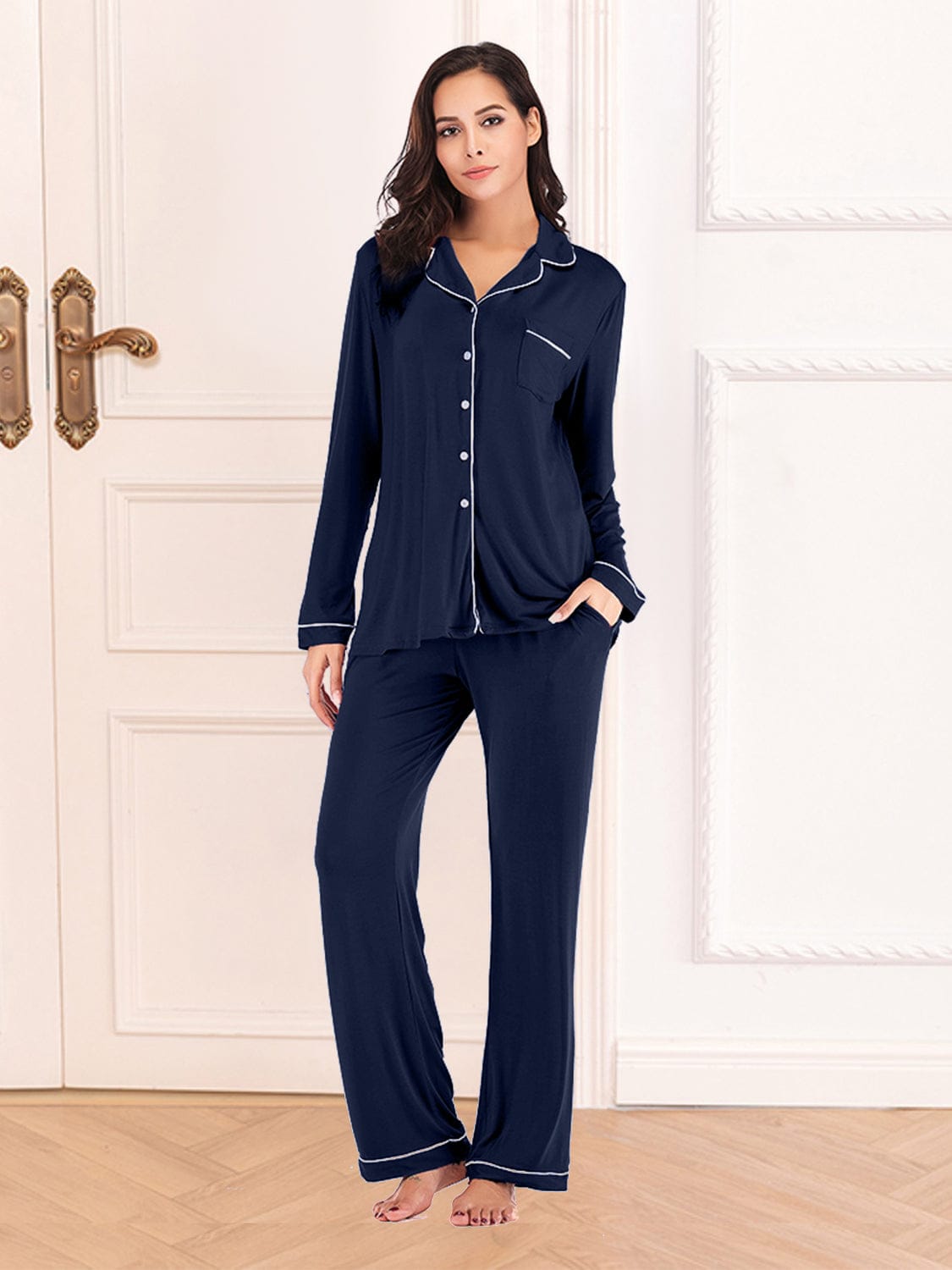 Women’s Lightweight Collared Neck Long Sleeve Loungewear Set with Pockets Navy / S The Nichole Collection